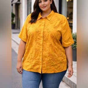 100% Linen Golden Yellow Embroidered Summer Short Sleeve Button-Down Shirt SZ 20